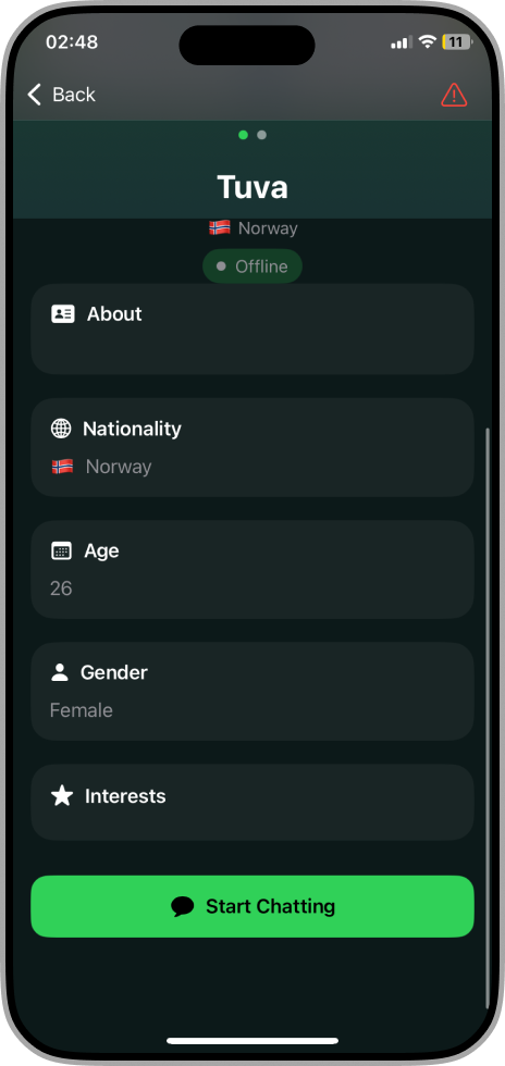 Mix Chat profile screen with nationality, age, interests and a Start Chatting button
